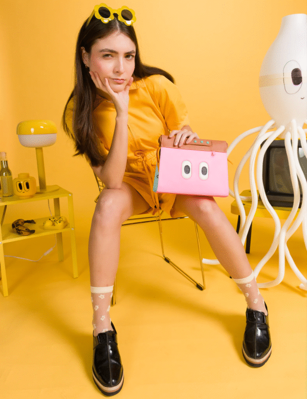 Vali Crossbody Small Caramel and Taffy Pink Leather Bag - All Over Eyes Embroidery